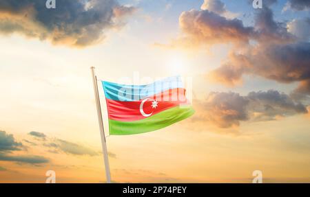 Aerbaijan waving flag in beautiful sky.flagpole Stock Photo