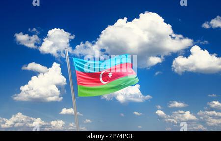 Aerbaijan waving flag in beautiful sky.flagpole Stock Photo