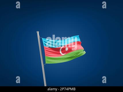 Aerbaijan waving flag in beautiful sky.flagpole Stock Photo