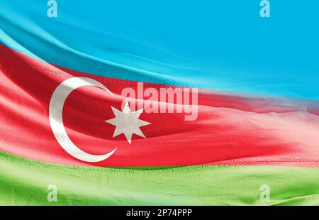 Aerbaijan waving flag in beautiful sky.flagpole Stock Photo