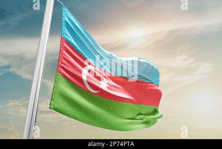 Aerbaijan waving flag in beautiful sky.flagpole Stock Photo