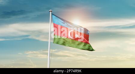 Aerbaijan waving flag in beautiful sky.flagpole Stock Photo