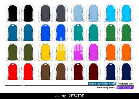 Raglan round neck t-shirt, front and back view, white long sleeve, colorful body. Vector illustration Stock Vector