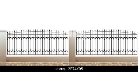 Wrought iron fence with plastered brick pillars and stone foundation. Horizontal seamless design. Isolated on white background Vector. Stock Vector