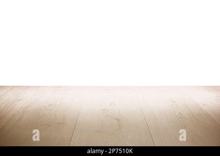 Wooden planks as table or desk, isolated on white background. Stock Photo