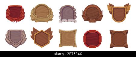 Wooden game level frame. Medieval wood avatar border, rating badges achievement menu panel, cartoon bordering decor for rpg. Vector isolated set Stock Vector