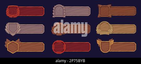Wooden game interface banner. Vintage high-quality labels and star badges with empty titles for rpg web design, fantasy rating bars. Vector set Stock Vector