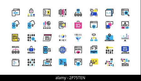 Software development line icons. Program coding, application architecture, front-end and back-end development, authorization security. Vector editable Stock Vector