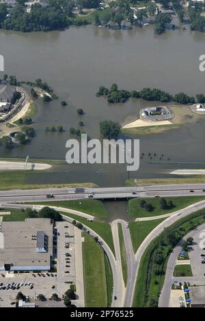 The Hamilton Boulevard and I-29 interchange is shown under Missouri River  floodwaters in this aerial photograph taken over Sioux City, Iowa, Tuesday,  June 7, 2011. Communities along the Missouri River including Dakota Dunes,  S.D., Sioux City, Iowa