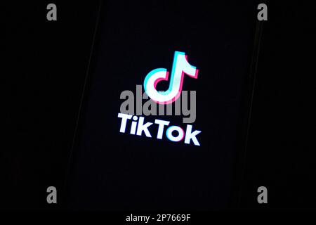 Paris, France. 07th Mar, 2023. Illustration picture shows the logo of the social media or video network Tiktok (or Tik Tok) on the screen of a phone (smartphone) in Paris, France on March, 7, 2023. - The White House backed legislation introduced on Tuesday by a dozen senators to give the administration new powers to ban Chinese-owned video app TikTok and other foreign-based technologies if they pose national security threats. Photo by Victor Joly/ABACAPRESS.COM Credit: Abaca Press/Alamy Live News Stock Photo