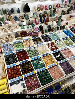 Minerals and Fossils Shopping. Colorful Rocks and Minerals are Displayed in the Souvenir Shop Stock Photo