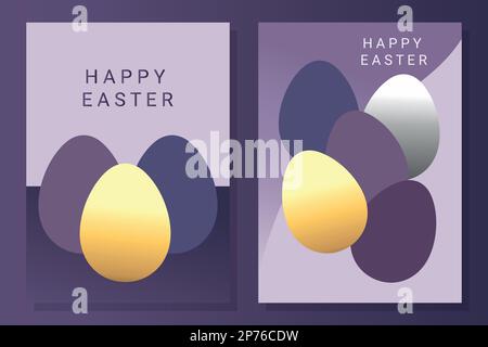 Colored Easter eggs on purple and lilac background. Festive template for invitation and greeting cards, postcard and design. Purple and luxury gold co Stock Vector