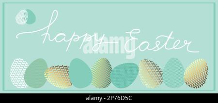 Happy Easter greeting banner with fancy eggs and handwriting. Cute template for decoration in light colors and gold color. Easter eggs with different Stock Vector