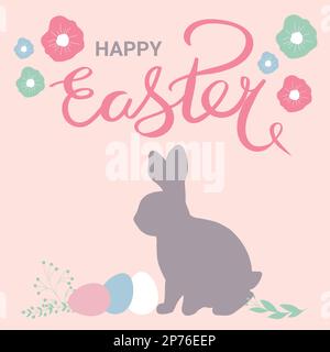 Happy Easter celebration greeting card in pastel colors. Hand drawn Easter bunny silhouette with eggs and flowers. Stock Vector