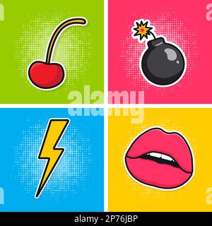 Pop art poster.Cherry and bomb, lightning and lips. Elements on a multi-colored background. Vector illustration. Stock Vector