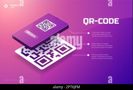 QR code on phone. Scan me coding for mobile app payment, isometric smartphone mock up with identification barcode scanning concept. Vector banner Stock Vector