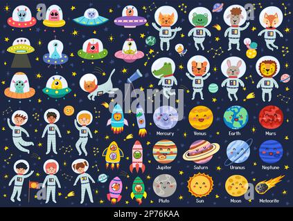 Big space collection with cute characters. Space bundle in cartoon style Stock Vector