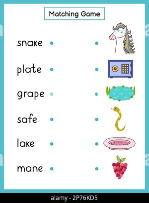 Phonics matching game with a-e spelling rule. Match the phonics sound words with pictures Stock Vector