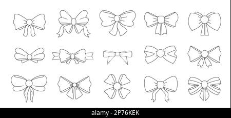 Bows line symbols. Doodle gift bowknots with ribbons different shapes, decorative elements for present packaging or hair accessories. Vector set Stock Vector