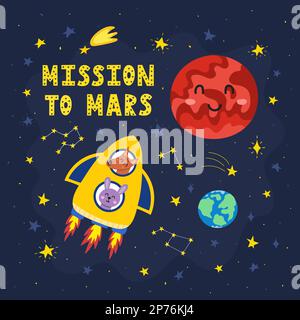 Mission to Mars print with cute animals flying in rocket. Funny card in cartoon style Stock Vector