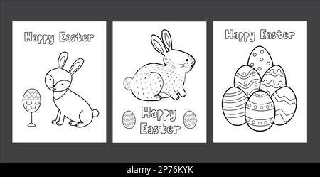 Easter coloring pages set with cute bunny and eggs. Black and white spring activity pages Stock Vector