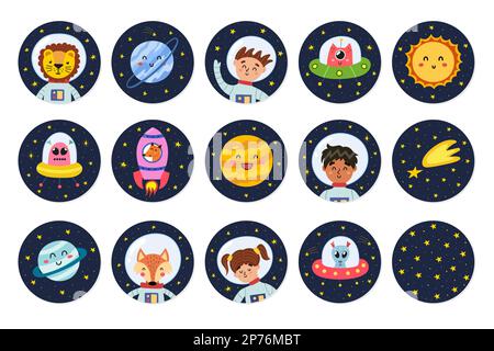 Cute stickers collection with space characters. Space labels with boys and girls astronauts, animals Stock Vector