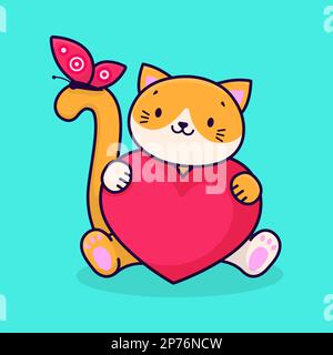 A cute cartoon ginger cat holds a pink heart in its paws. Cat and butterfly. Vector illustration. Stock Vector