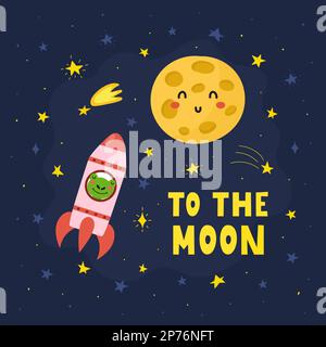 To the Moon print with cute frog flying in a rocket. Funny card in cartoon style Stock Vector