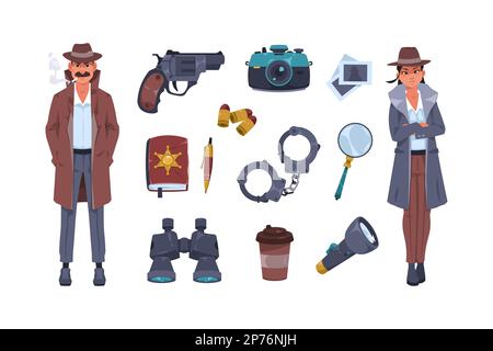 Detective equipment. Cartoon police agent character and spy tools for investigation criminal case and evidence search secret observation. Vector flat Stock Vector