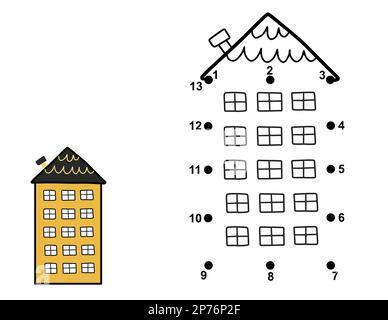 Dot to dot game for kids. Connect the dots and draw a house worksheet Stock Vector