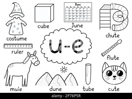 U-e digraph spelling rule black and white educational poster for kids with words Stock Vector