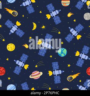 Satellite flying in space seamless pattern. Cosmic background Stock Vector