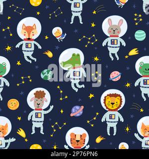 Cute animals astronauts in space seamless pattern. Funny childish design Stock Vector