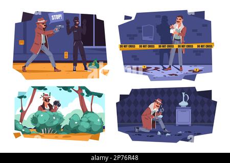 Detective investigation flat scenes. Crime mysterious space, detectives ...