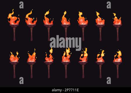 Torch burning sequence. Sprite animation frame set, cartoon medieval fire blaze icons for game asset, ancient flammable glow symbol. Vector collection Stock Vector