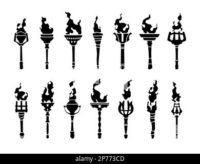 Black torch icons. Medieval burning fire blaze silhouettes, fiery flaming stick icons, liberty achievement championship concept. Vector set Stock Vector