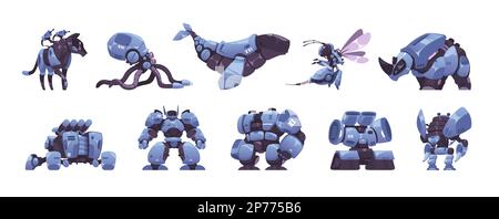 Cyborg animals. Futuristic mechanical robot characters, cartoon punk robotic zoo machines with mechanical body, AI electronic concept. Vector flat set Stock Vector