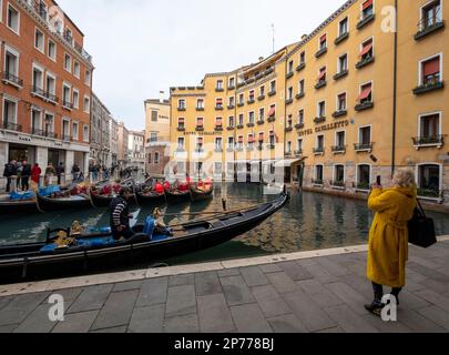 Gondolas tied up near the Hotel Cavalletto, San Marco district, Venice, Italy Stock Photo