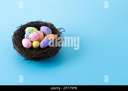 Colorful Easter eggs inside a nest on blue background Stock Photo
