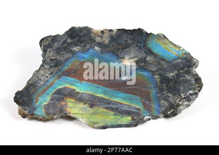 Uncut rough crystals of colorful mineral called spectrolite or labradorite, lapidary gemstone from Finland Stock Photo