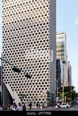 Seoul, South Korea - May 2022: View of Urban Hive building with itscheese grater honeycombed concrete shaped designed by Archium at Gangnam Stock Photo