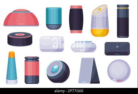 Smart assistant. Wireless home speaker with voice control, interactive electronic device for commands, technology portable gadget. Vector set Stock Vector