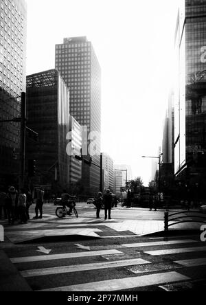 Seoul, South Korea - May 2019:  Seoul road crossing black and white photography with sun illumination and people, car silhouettes Stock Photo