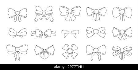 Bows line symbols. Doodle gift bowknots with ribbons different shapes, decorative elements for present packaging or hair accessories. Vector set Stock Vector