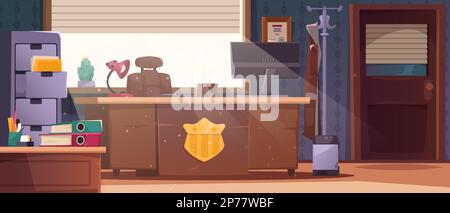 Detective office interior. Investigator cabinet room with clue evidence board, police department station inspector workplace flat style. Vector Stock Vector