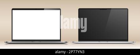 A set of laptop layouts in a metal case. Models of modern laptops with white and black screens on a beige background. Stock Vector