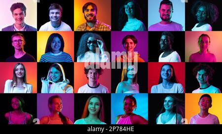 Emotions and facial expressions. Collage of ethnically diverse people expressing different emotions over multicolored background in neon light. Stock Photo