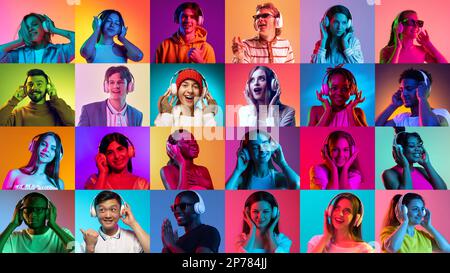 Emotions and facial expressions. Collage of ethnically diverse people expressing different emotions over multicolored background in neon light. Stock Photo