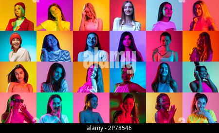 Emotions and facial expressions. Collage of ethnically diverse young women expressing different emotions over multicolored background in neon light. Stock Photo