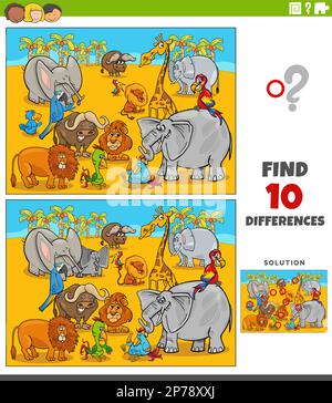 differences game with cartoon Safari animals coloring page Stock Vector ...